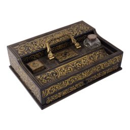 Circa 1880 Italian Napoleon III Inlaid Brass and Lacquered Mahogany Inkwell
