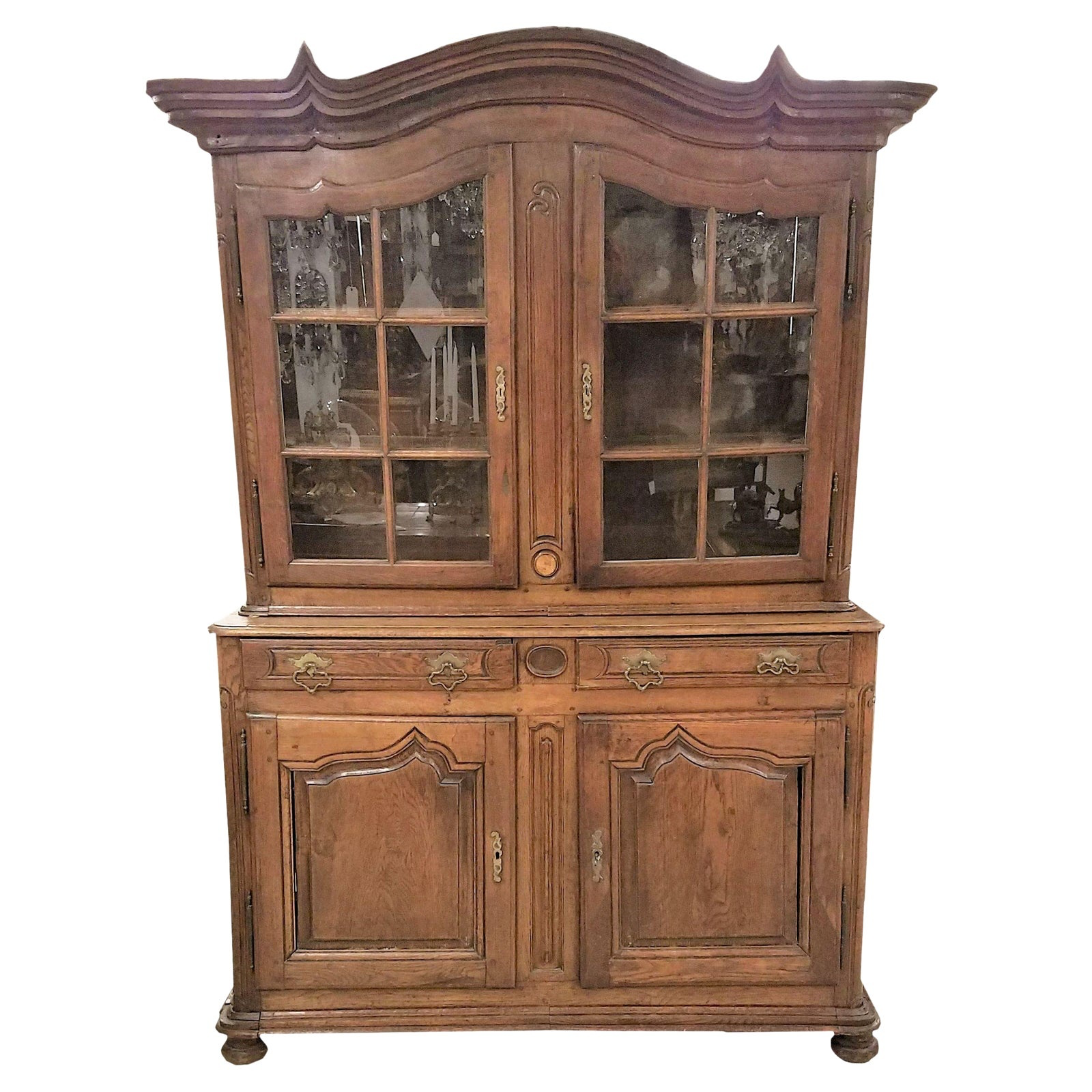 Circa 1760 French Provincial Oak Dresser Cabinet With Glass Doors and Shelving