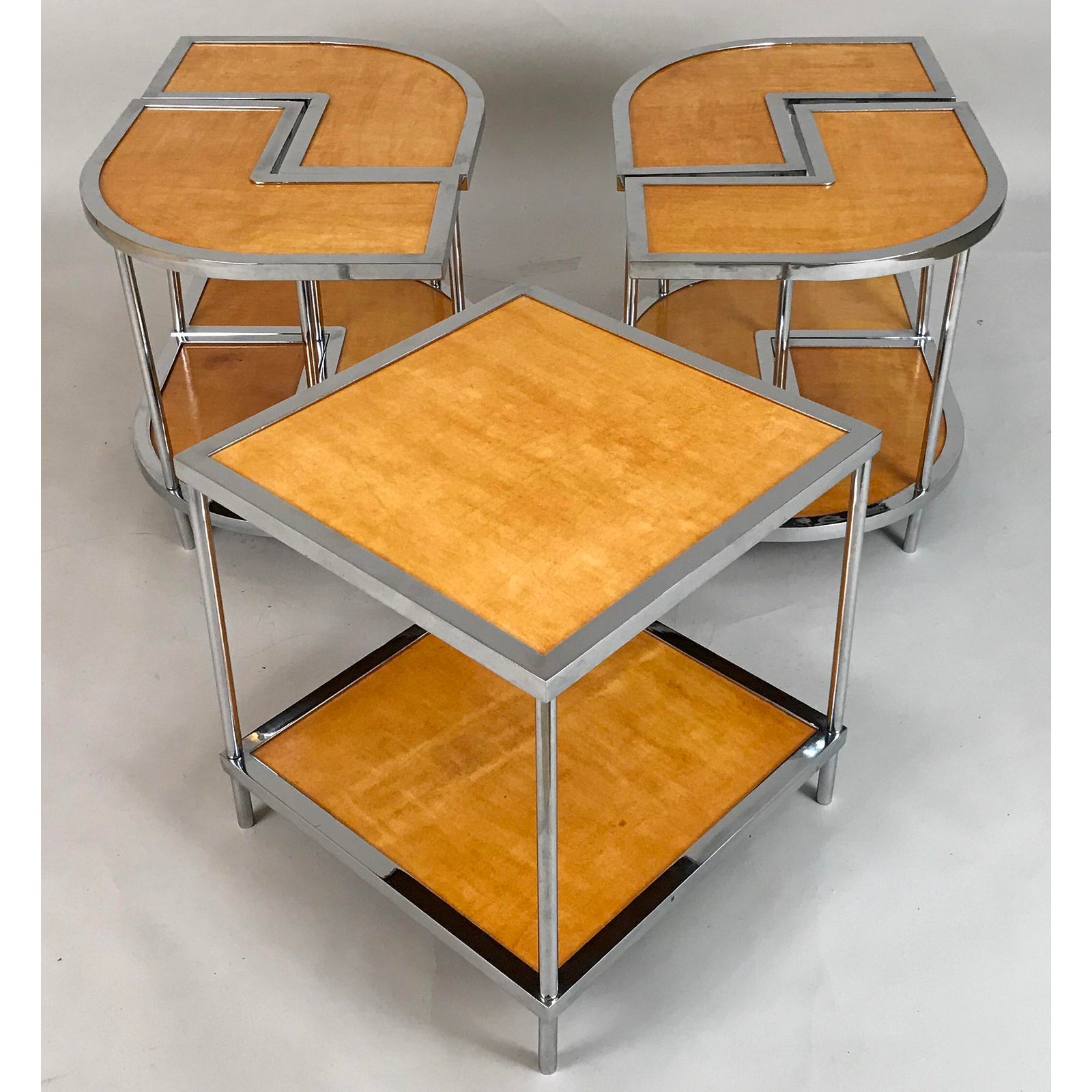 5 Piece Circa 1950 Italian Mid-Century Modern Versatile Parchment and Chrome Nesting Tables - Image 7