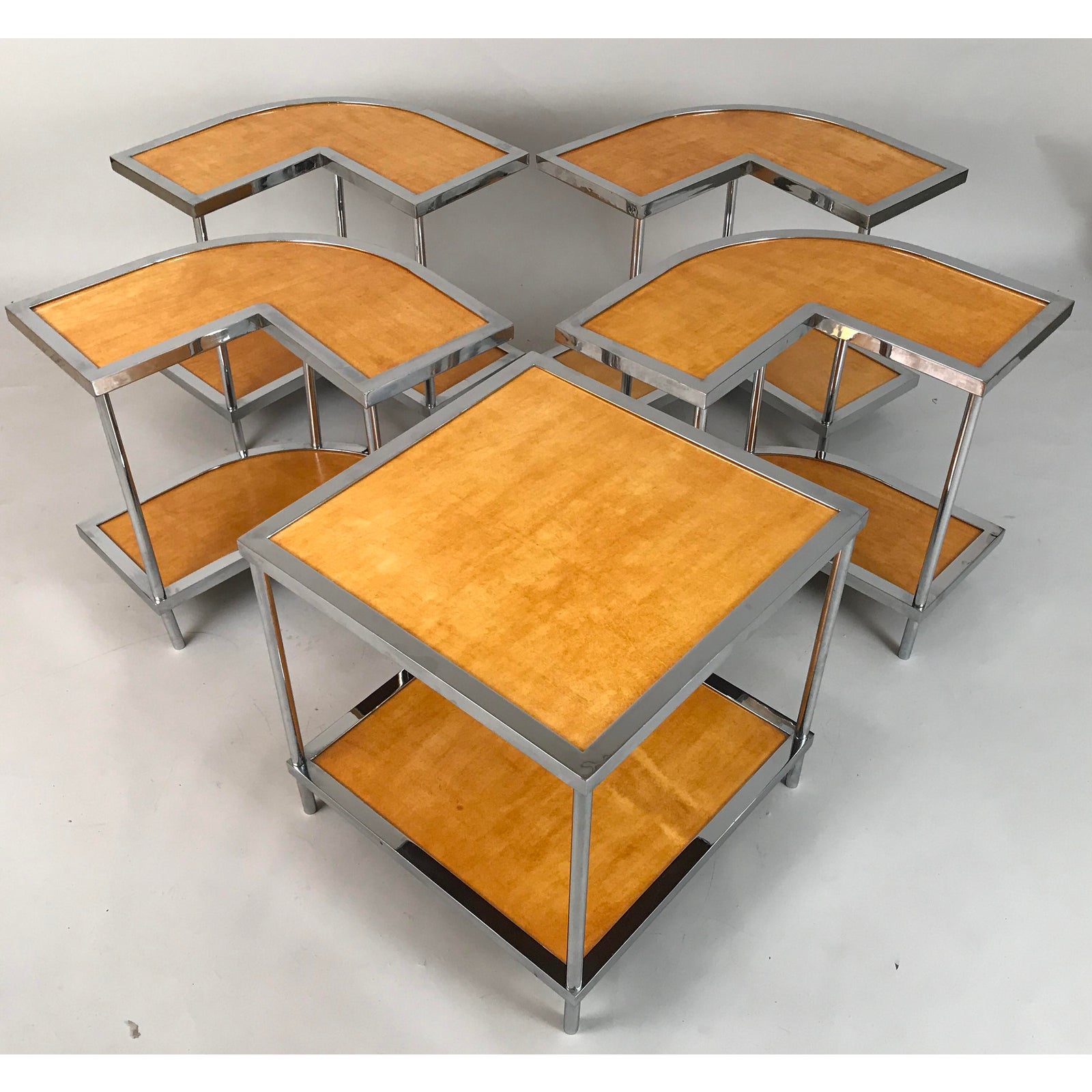 5 Piece Circa 1950 Italian Mid-Century Modern Versatile Parchment and Chrome Nesting Tables - Image 5