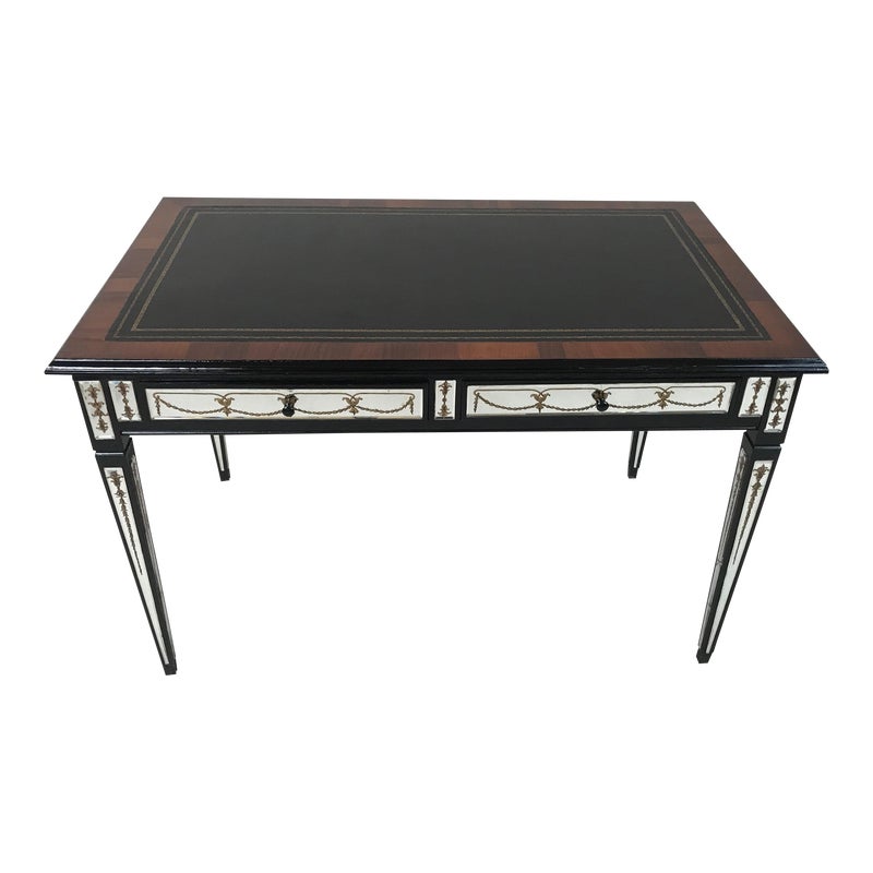 Circa 1950s French Verre Églomisé Reversed Painted Mirror Leather Top Writing Desk