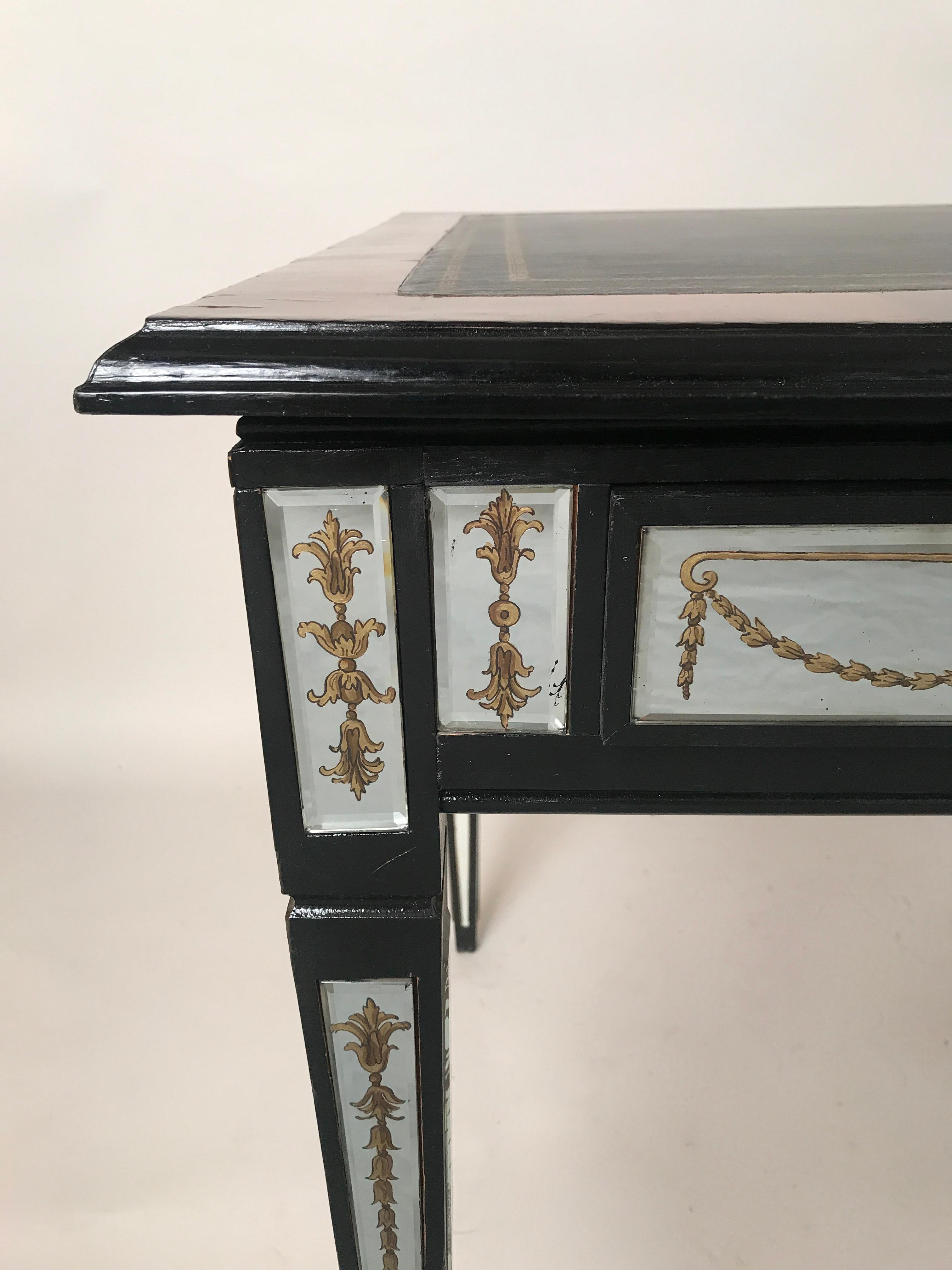 Circa 1950s French Verre Églomisé Reversed Painted Mirror Leather Top Writing Desk - Image 11