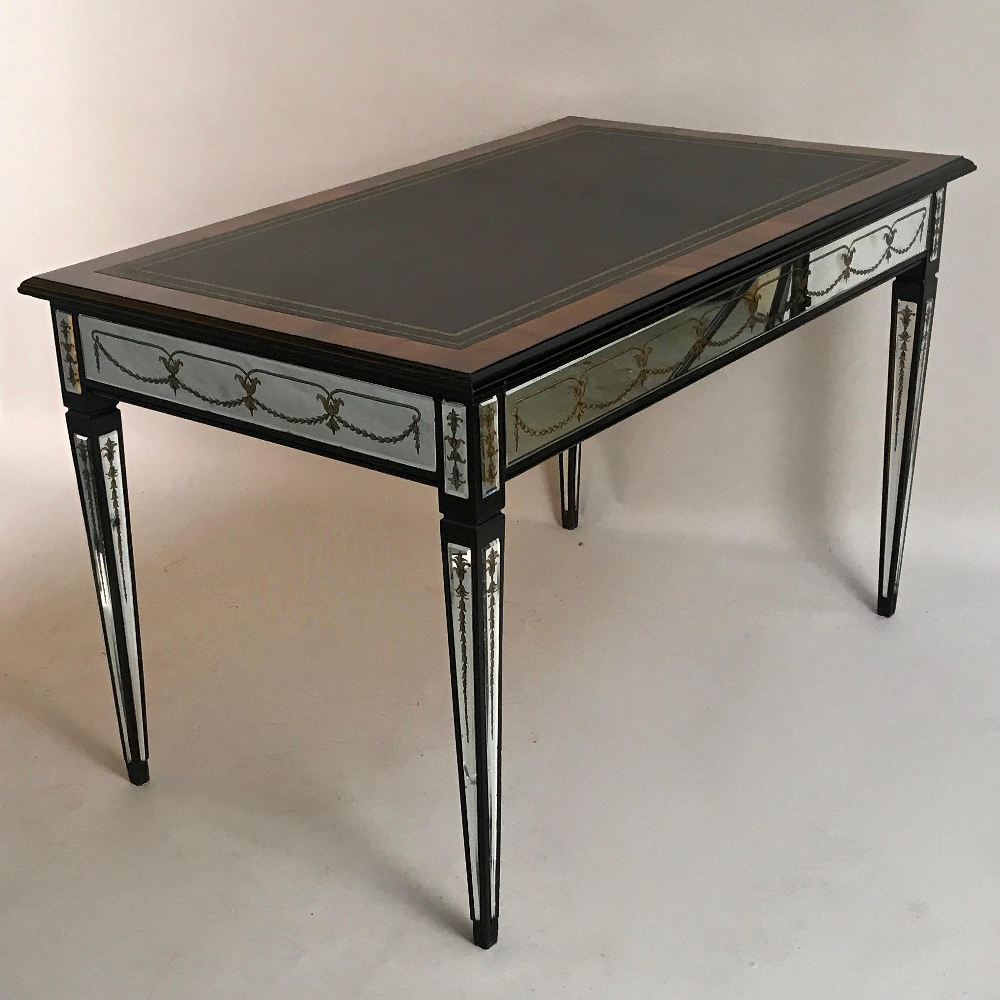 Circa 1950s French Verre Églomisé Reversed Painted Mirror Leather Top Writing Desk - Image 3