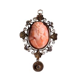 Circa 1910 American Lady of the Grapes Coral and Gold Cameo Brooch/Pendant