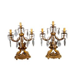 Pair of Circa 1890 French Rococo Style Gilt Bronze and Crystal Candelabras