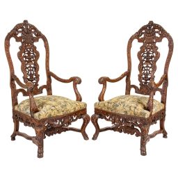 Pair of Large 19th C. French Régence / Louis XIV–XV Revival Hand‑Carved Walnut Fauteuil Armchairs/Thrones with Aubusson‑Inspired Tapestry