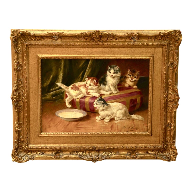 19th Century "Chatons Et Lait" Oil Painting on Canvas Signed Alfred Brunel De Neuville