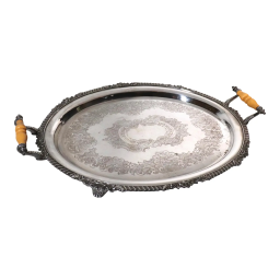 Vintage Silver on Copper Footed Serving Tray With Celluloid Handles