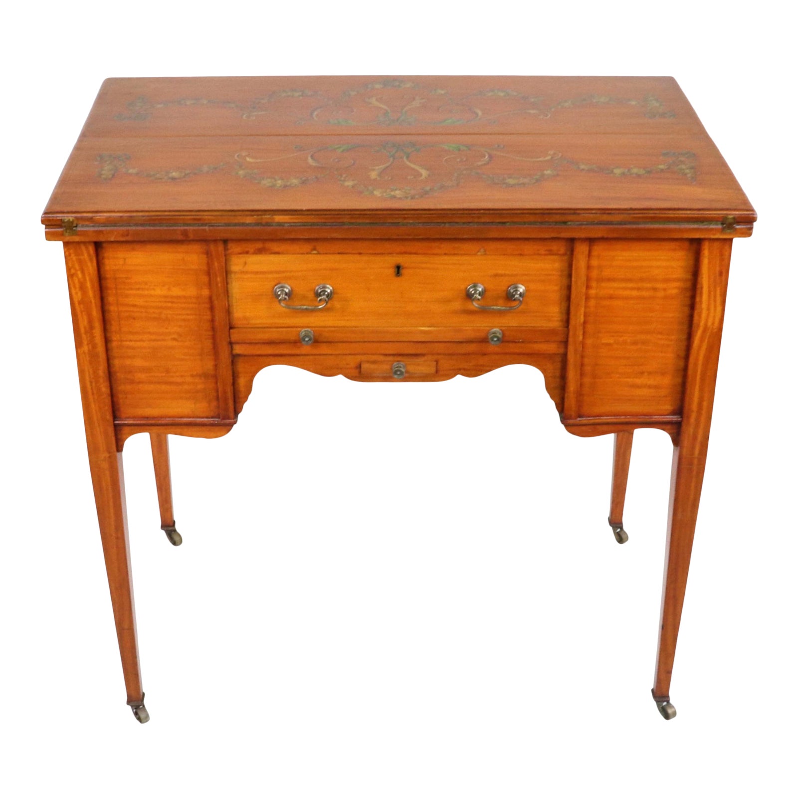Circa 1910 Edwardian Satinwood Hand-Painted Game Table
