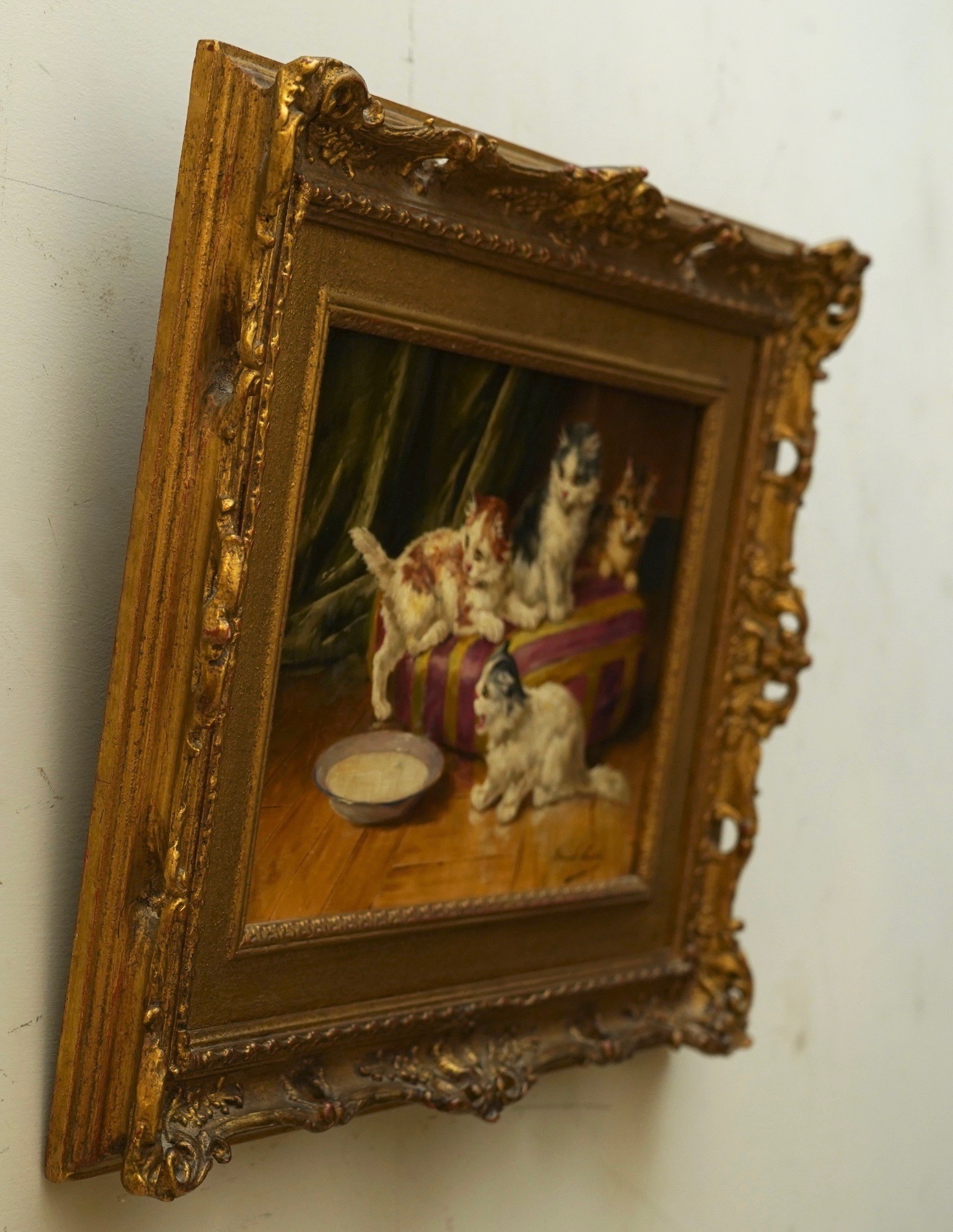 19th Century "Chatons Et Lait" Oil Painting on Canvas Signed Alfred Brunel De Neuville - Image 2