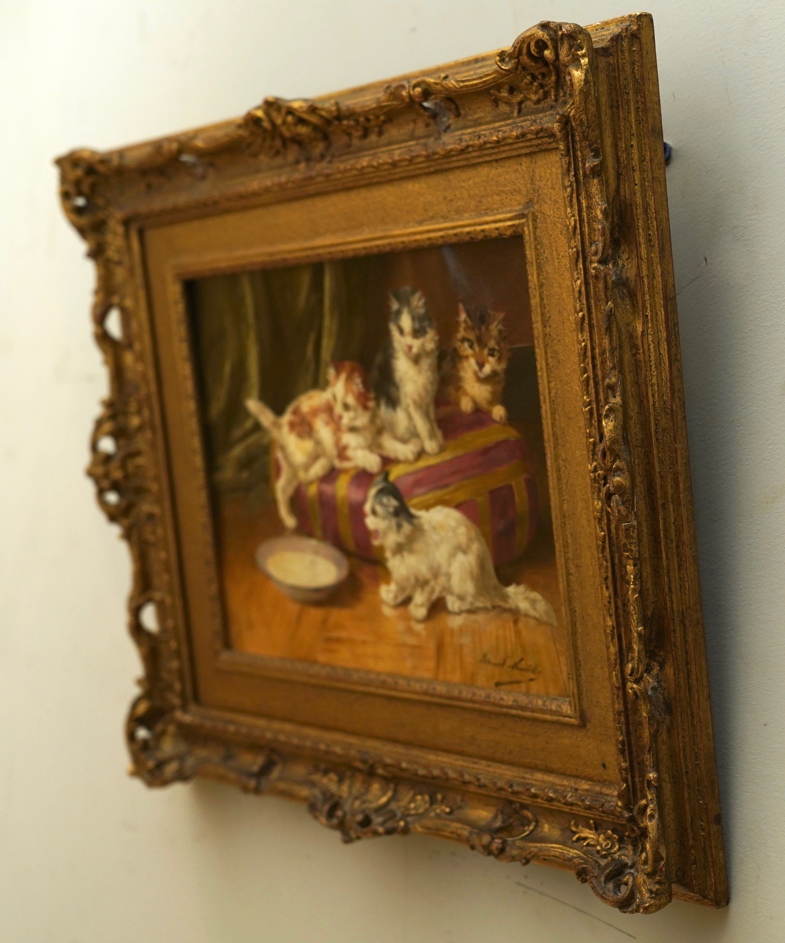 19th Century "Chatons Et Lait" Oil Painting on Canvas Signed Alfred Brunel De Neuville - Image 3