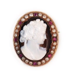 Georgian Agate Cameo Brooch with Rubies and Seed Pearls by Nicola Morelli (1771 - 1838)
