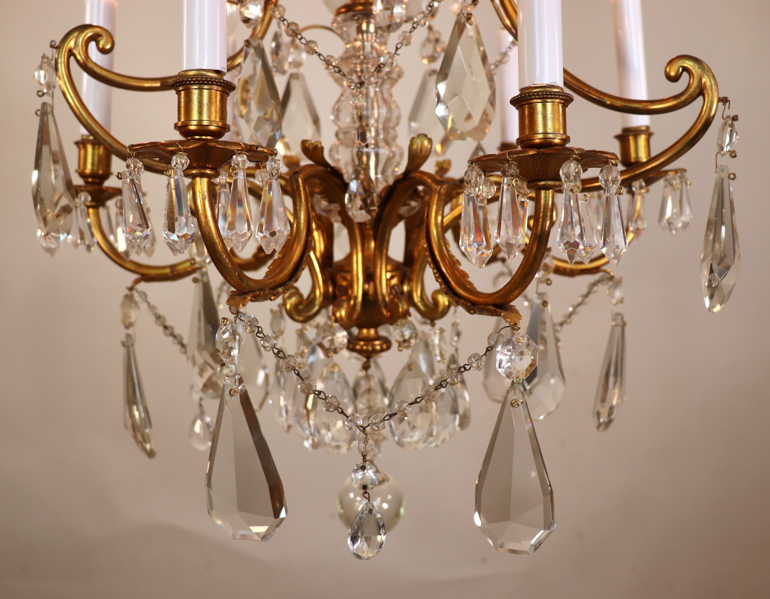 Circa 1920 French Louis XV Style Gilt Bronze and Brass and Crystal Chandelier - Image 4