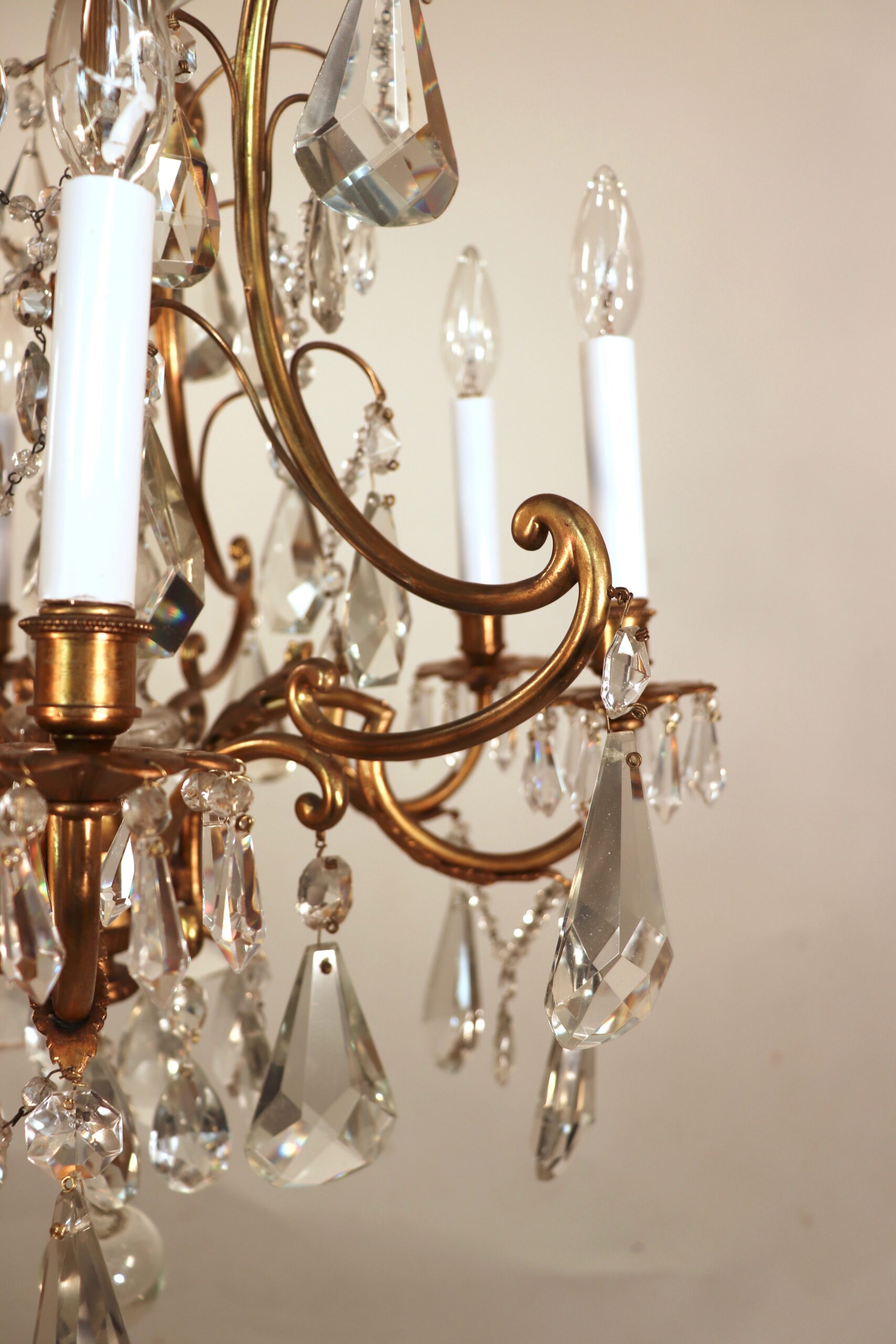 Circa 1920 French Louis XV Style Gilt Bronze and Brass and Crystal Chandelier - Image 3