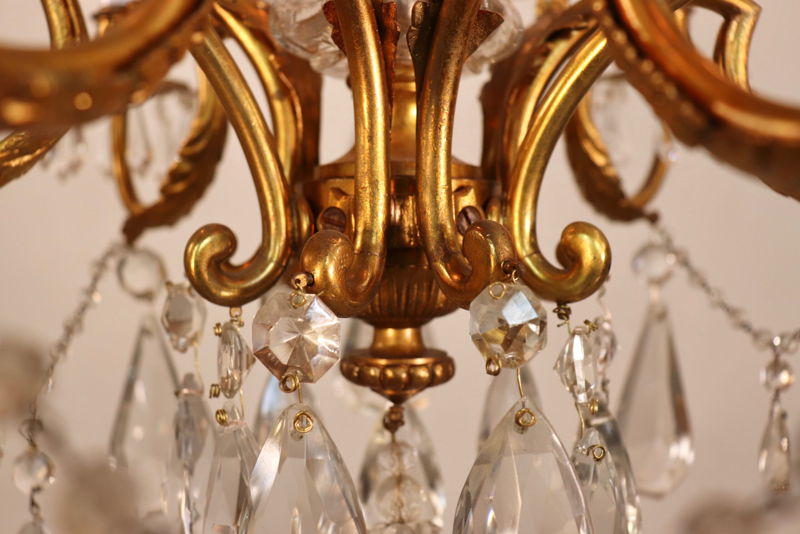 Circa 1920 French Louis XV Style Gilt Bronze and Brass and Crystal Chandelier - Image 5