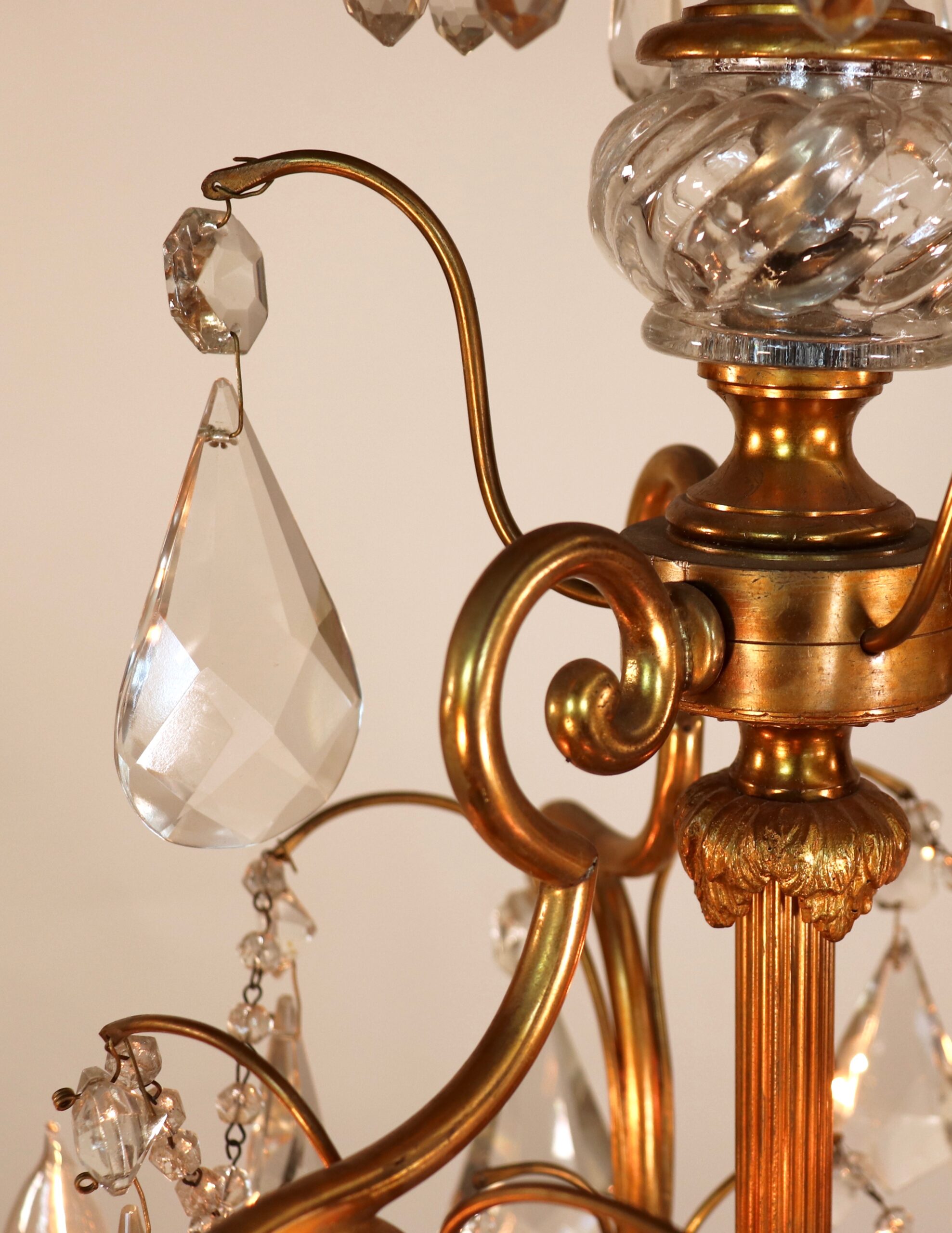 Circa 1920 French Louis XV Style Gilt Bronze and Brass and Crystal Chandelier - Image 6