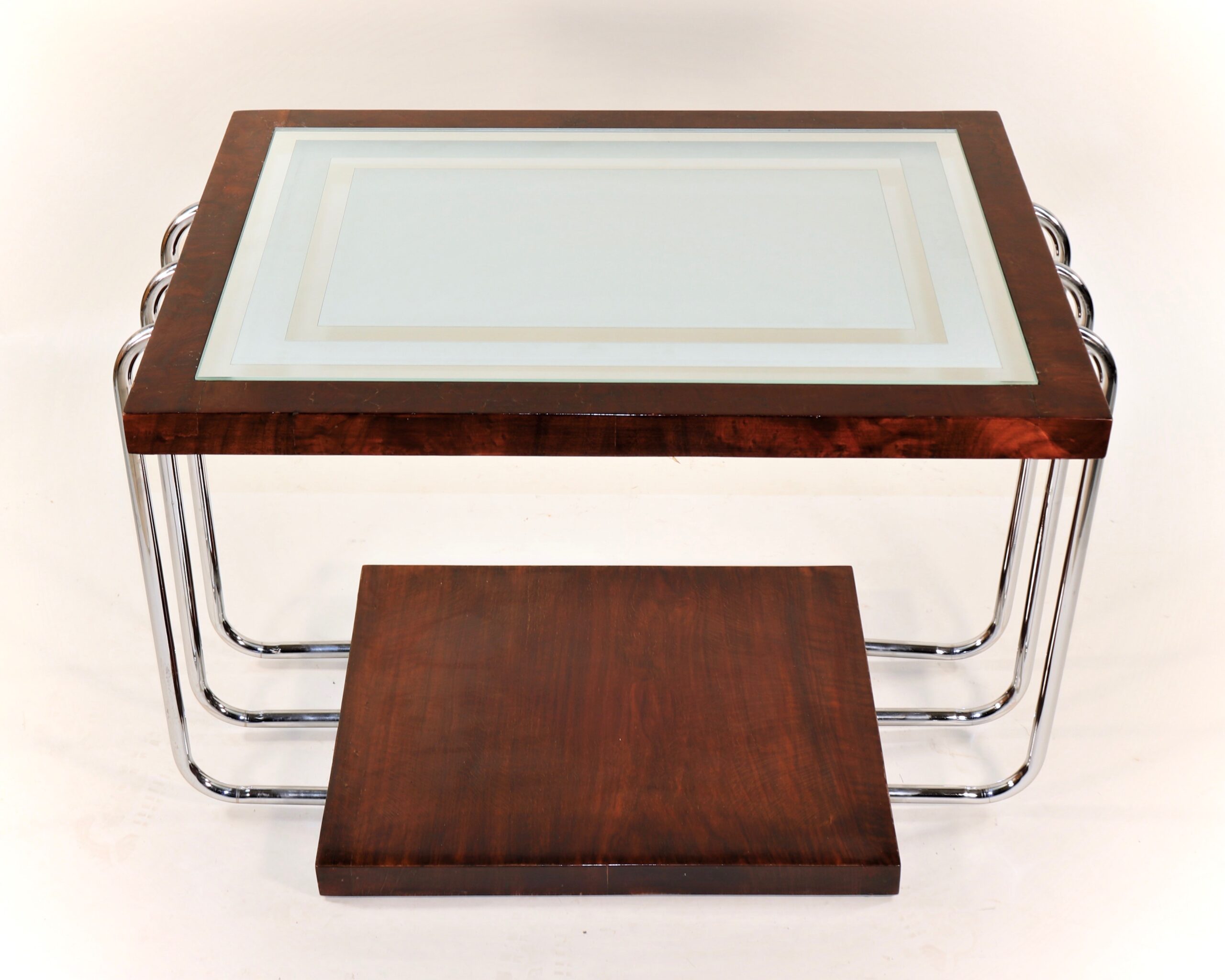 Circa 1930's French Art Deco Burl Walnut With Frosted Glass Mirror Top Side Table - Image 5