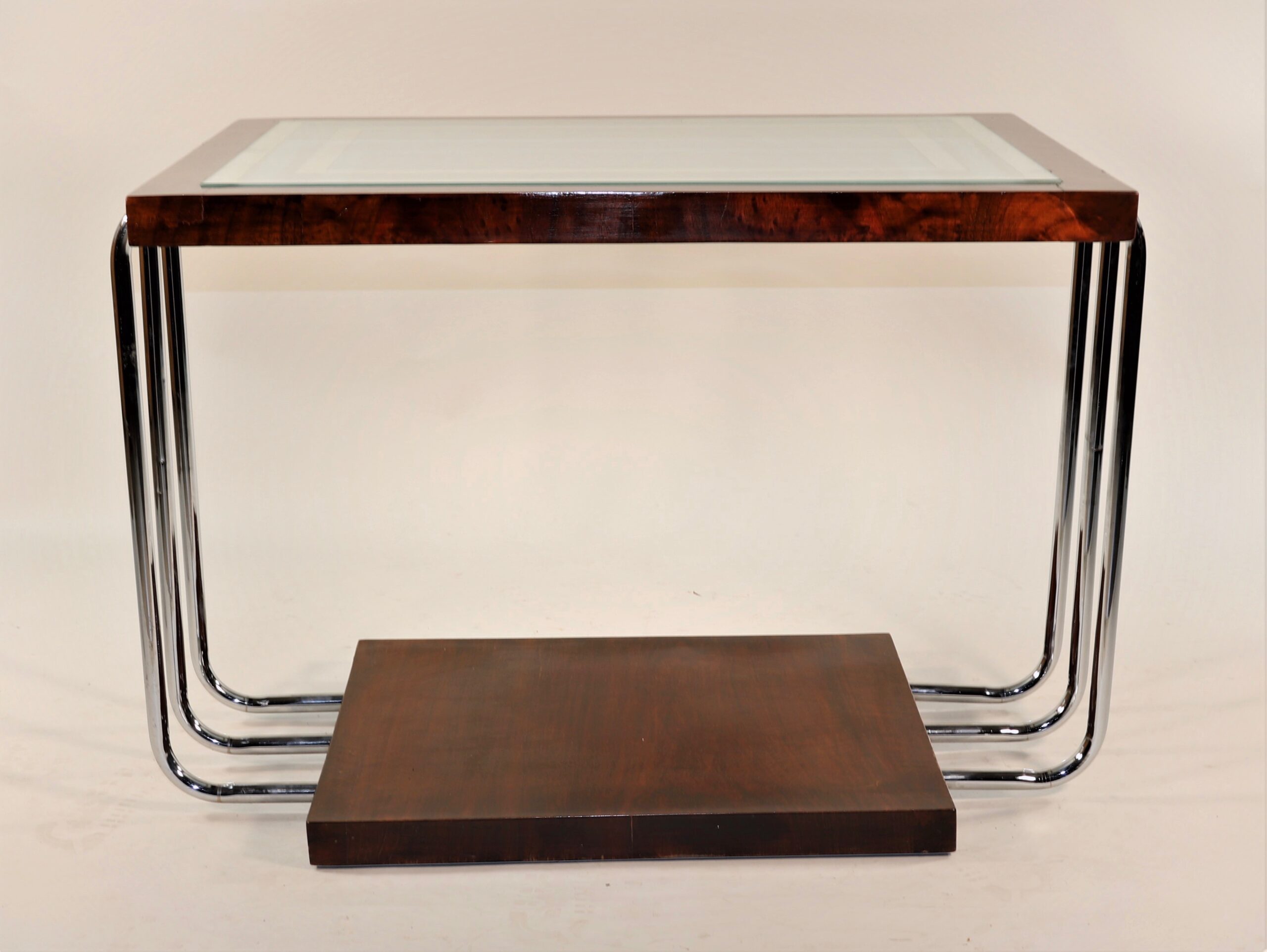 Circa 1930's French Art Deco Burl Walnut With Frosted Glass Mirror Top Side Table - Image 7