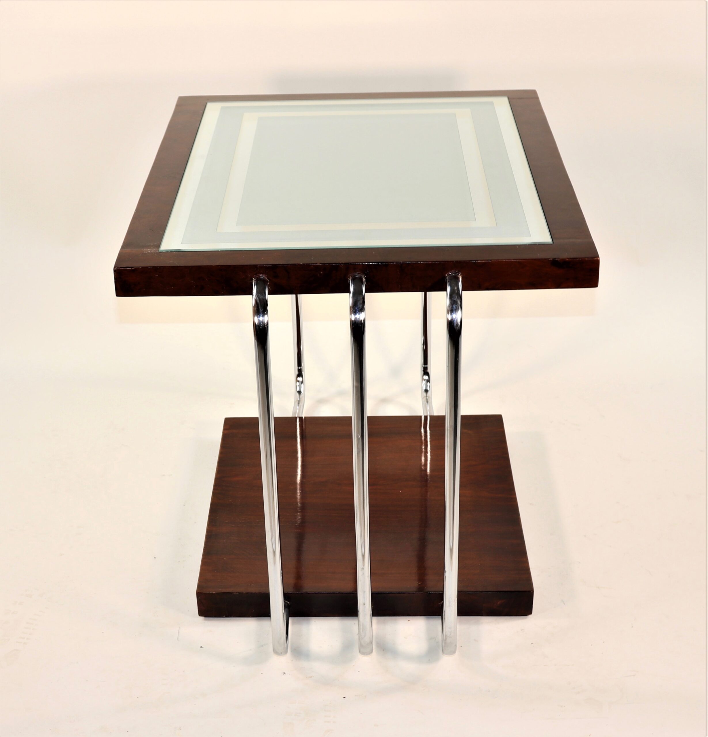 Circa 1930's French Art Deco Burl Walnut With Frosted Glass Mirror Top Side Table - Image 8