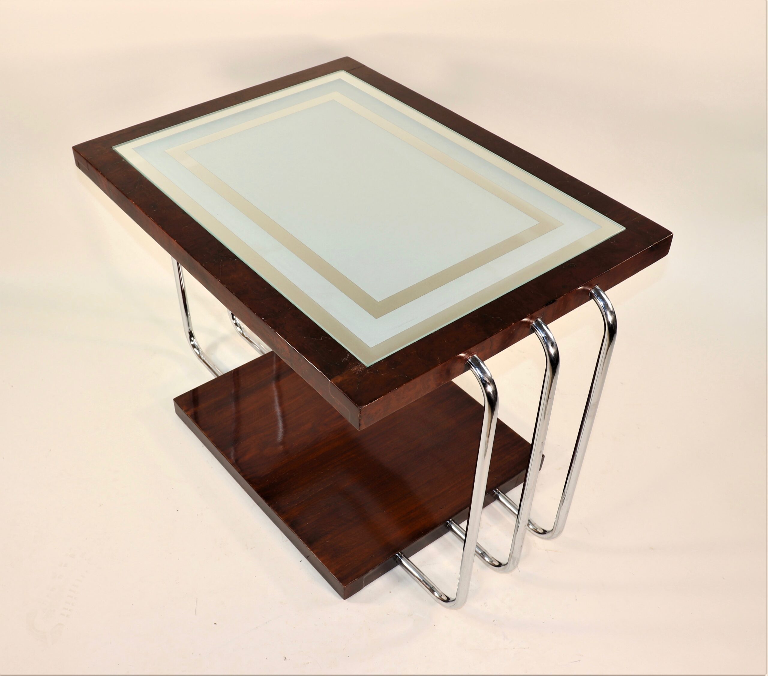 Circa 1930's French Art Deco Burl Walnut With Frosted Glass Mirror Top Side Table - Image 3