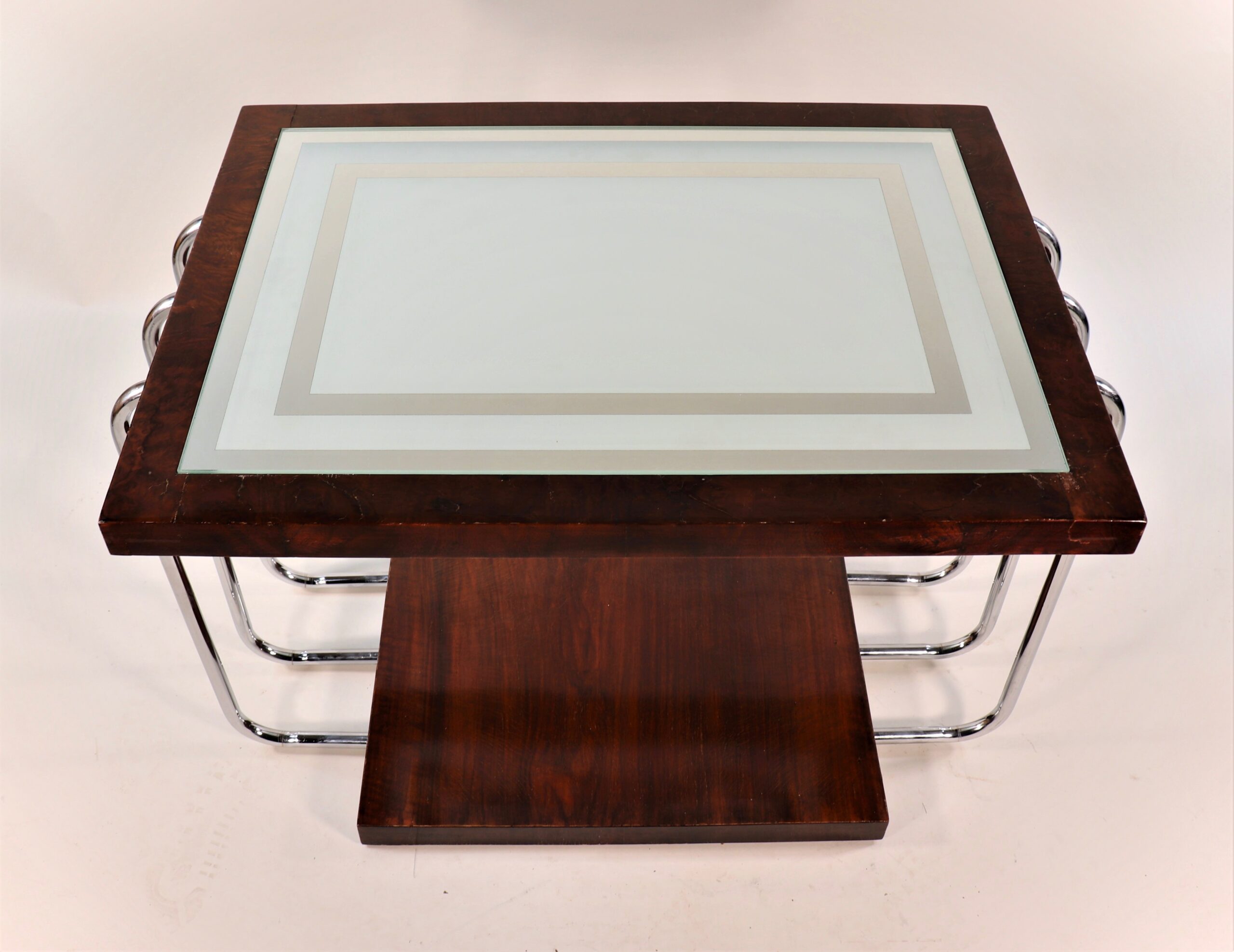 Circa 1930's French Art Deco Burl Walnut With Frosted Glass Mirror Top Side Table - Image 6