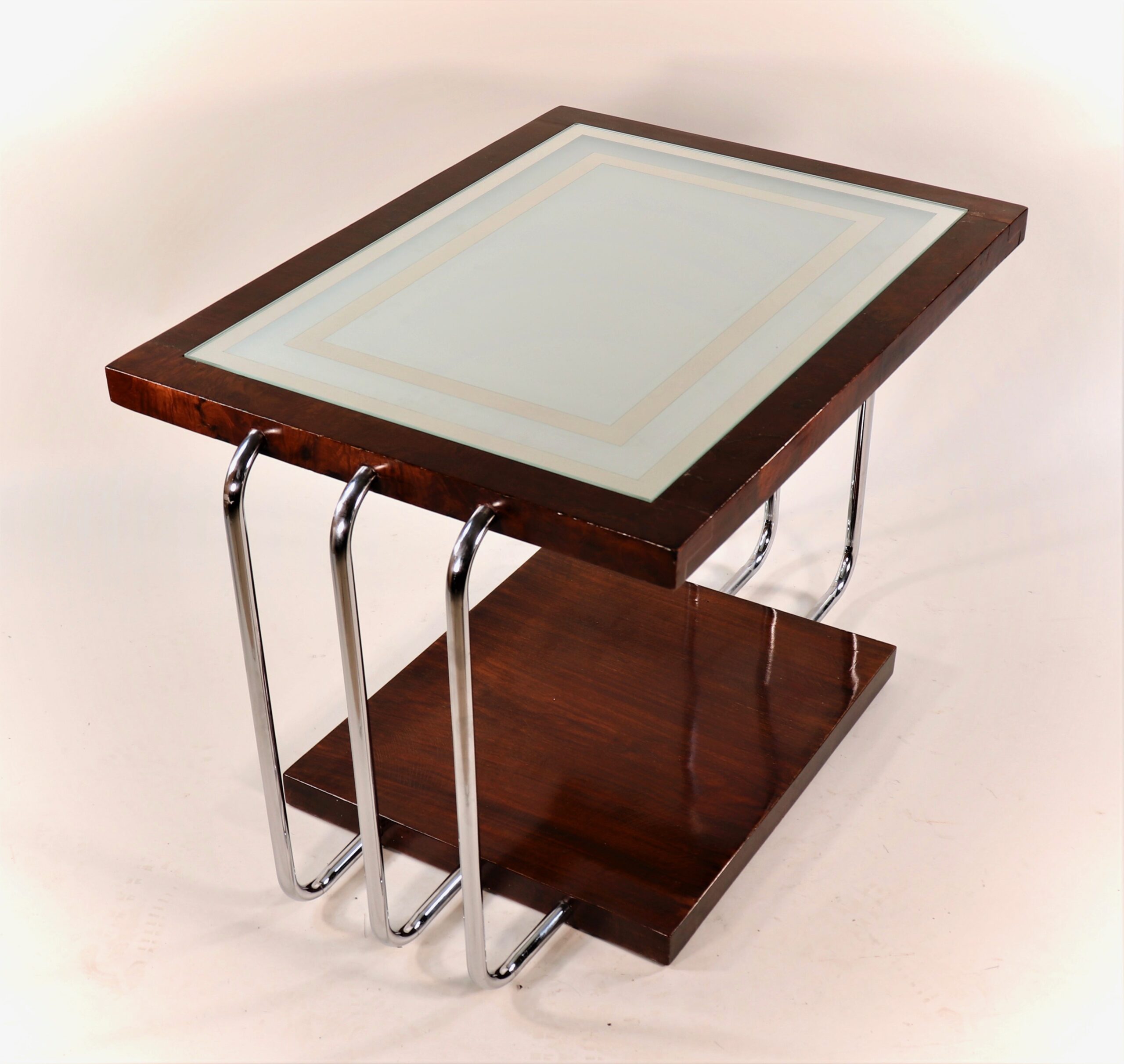 Circa 1930's French Art Deco Burl Walnut With Frosted Glass Mirror Top Side Table - Image 4