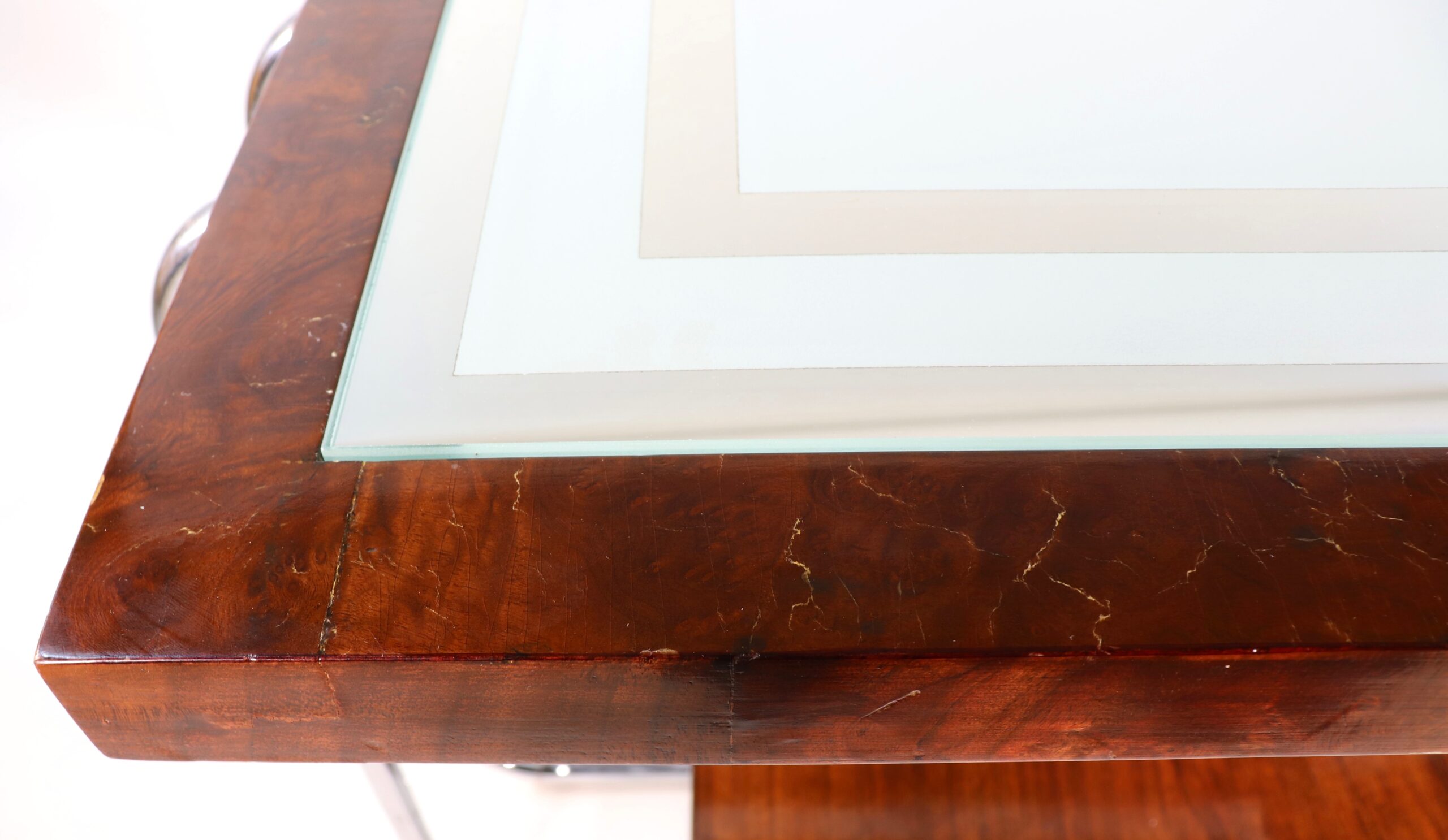 Circa 1930's French Art Deco Burl Walnut With Frosted Glass Mirror Top Side Table - Image 10