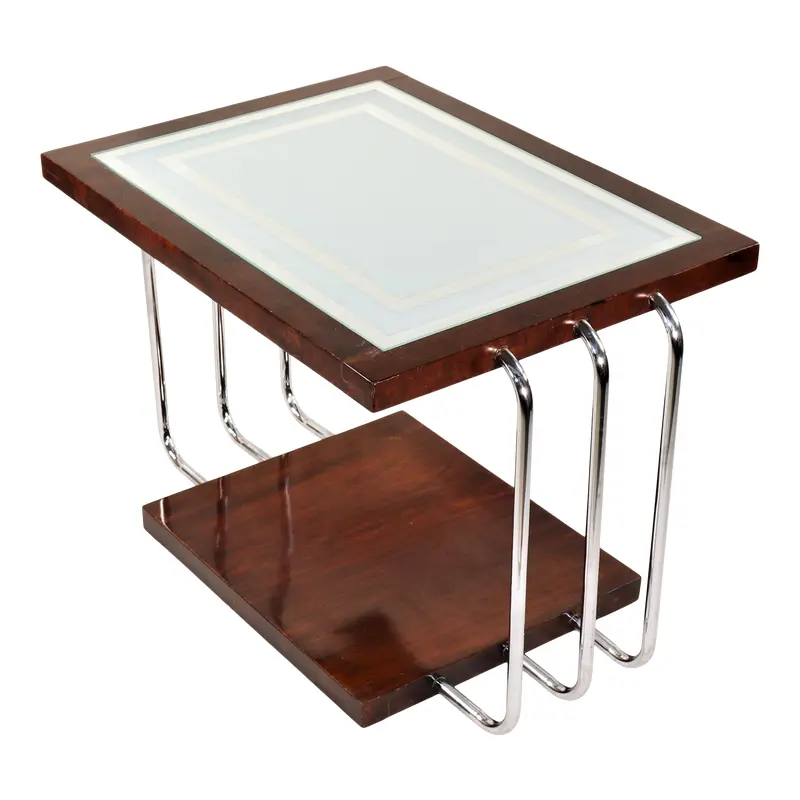 Circa 1930's French Art Deco Burl Walnut With Frosted Glass Mirror Top Side Table