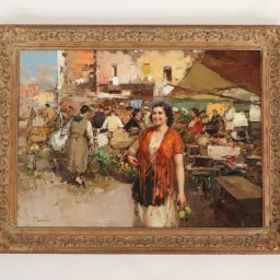 Oil on Canvas Italian Street Market Scene by Giuseppe Pitto (Italian 1857-1928)