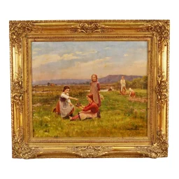 Oil on Canvas "Feeding the Birds" by  César Pattein ( French 1850 - 1931)