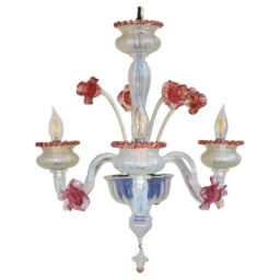 Mid-Century Baroque Style Floral Opaline Three Arm Murano Chandelier having Rigaree Trim