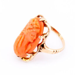 19th Century Neoclassical Salmon Pink Coral Cameo 18K Ring