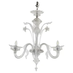 Vintage Baroque Style Three Arm Cristallo Murano Chandelier With Rigaree Trim