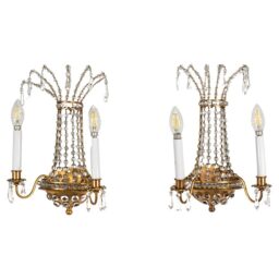 Pair of Vintage French Maison Jansen Brass and Crystal Sconces