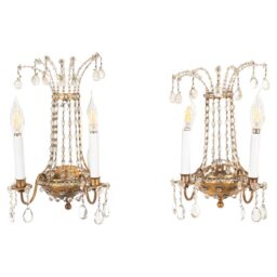 Pair of Vintage French Maison Jansen of Paris Brass and Crystal Sconces
