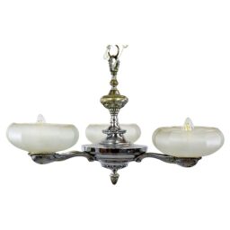 French Art Deco Chrome Plated Brass Chandelier with Frosted Ecru Glass Shades