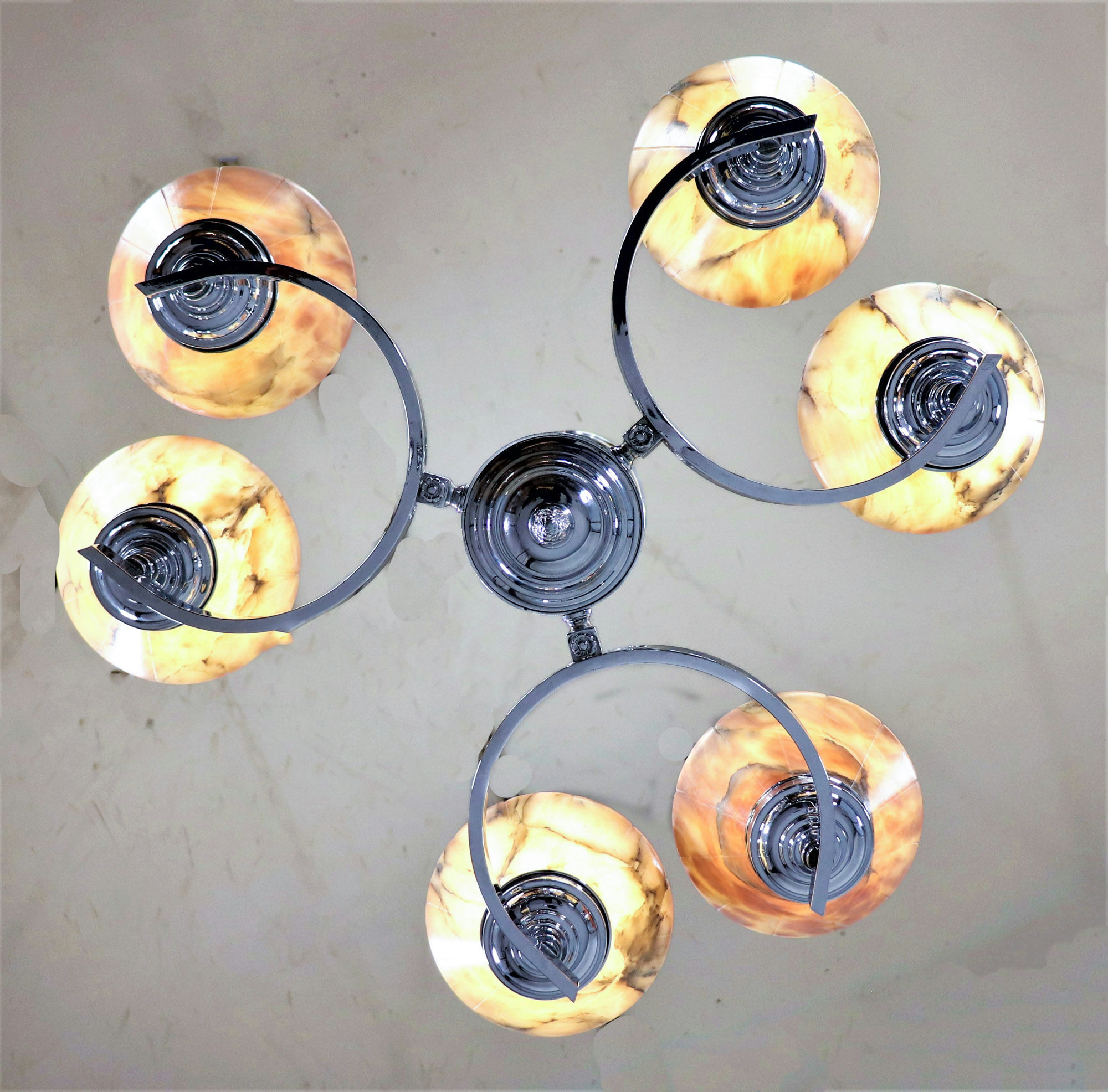 German Art Deco Alabaster And Chrome Chandelier - Image 7