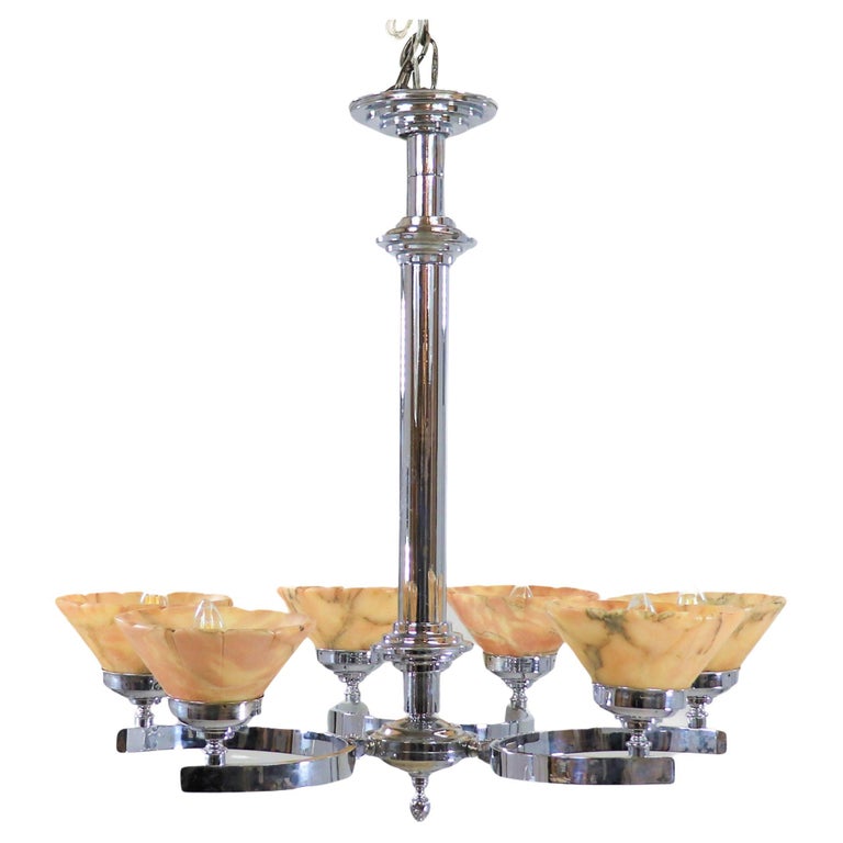 German Art Deco Alabaster And Chrome Chandelier