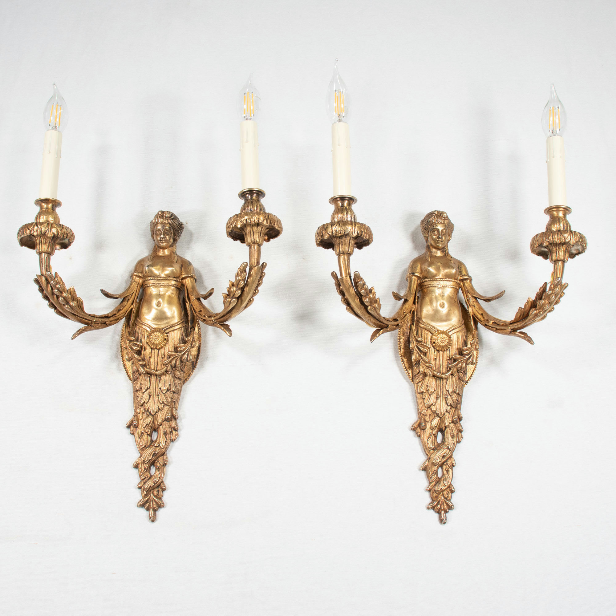 Large Pair of 19th Century French Empire Style Gilt Bronze Sconces Featuring Caryatids of Acantha - Image 2