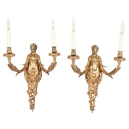 Large Pair of 19th Century French Empire Style Gilt Bronze Sconces Featuring Caryatids of Acantha