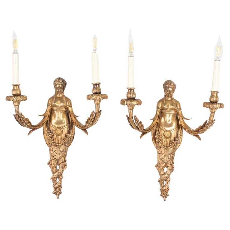 Large Pair of 19th Century French Empire Style Gilt Bronze Sconces Featuring Caryatids of Acantha