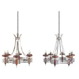 Pair of Mid-Century Italian Chrome and Wood Chandeliers