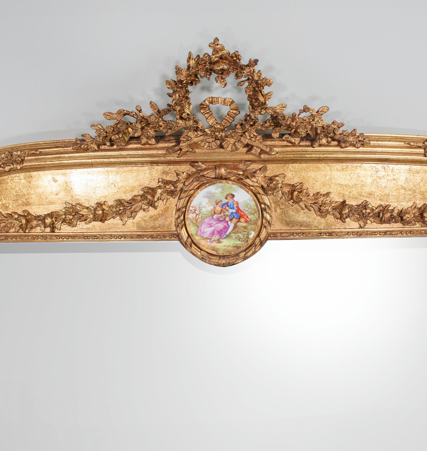 Tall Early 20th Century French Giltwood Mirror with Porcelain Plaque - Image 10