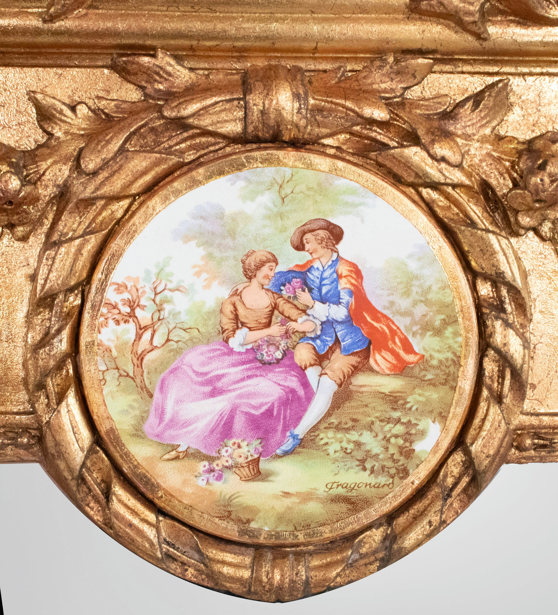 Tall Early 20th Century French Giltwood Mirror with Porcelain Plaque - Image 15