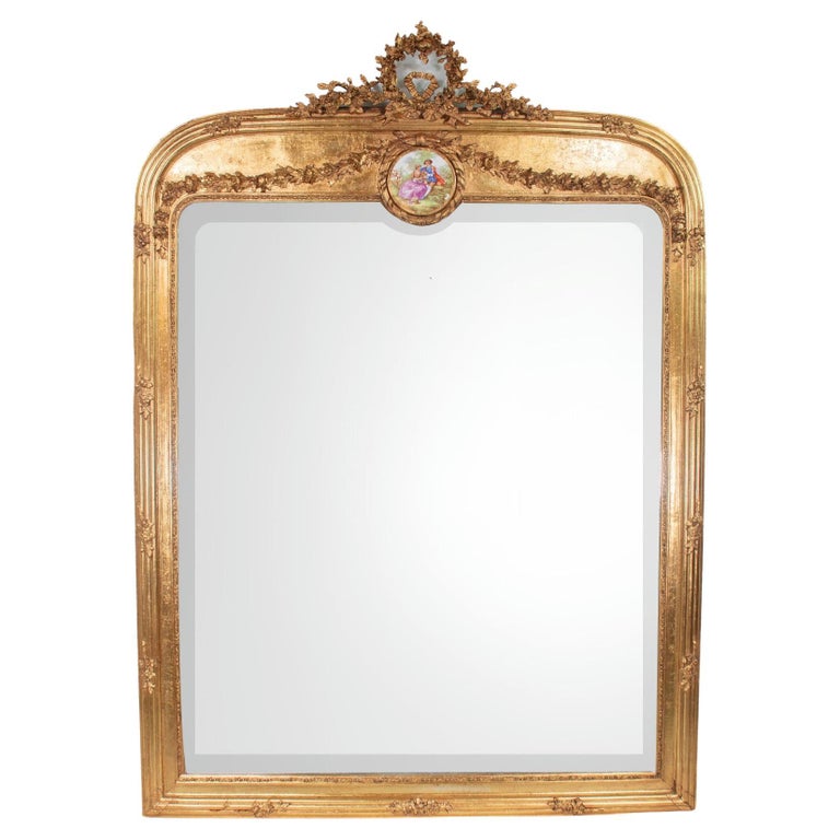 Tall Early 20th Century French Giltwood Mirror with Porcelain Plaque