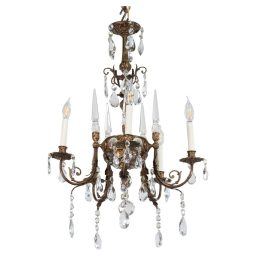 Early 20th Century French Rococo Revival Five Arm Bronze and Crystal Chandelier with Porcelain Plaques