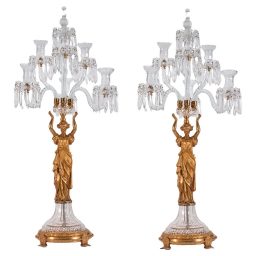 Pair of French Napoleon III Louis XVI Revival Ormolu Caryatid and Crystal Girandoles Candelabra in the Manner of Baccarat or Saint‑Louis