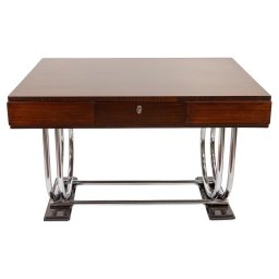 Late Art Deco/Early Modernism French Figured Mahogany and Chrome Writing Desk, c. 1940