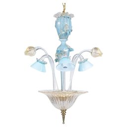 Mid‑Century Murano Glass Chandelier in Celeste Blue Floral Venetian Style with Aventurina and Rigaree Details in the Manner of Seguso Vetri d'Arte